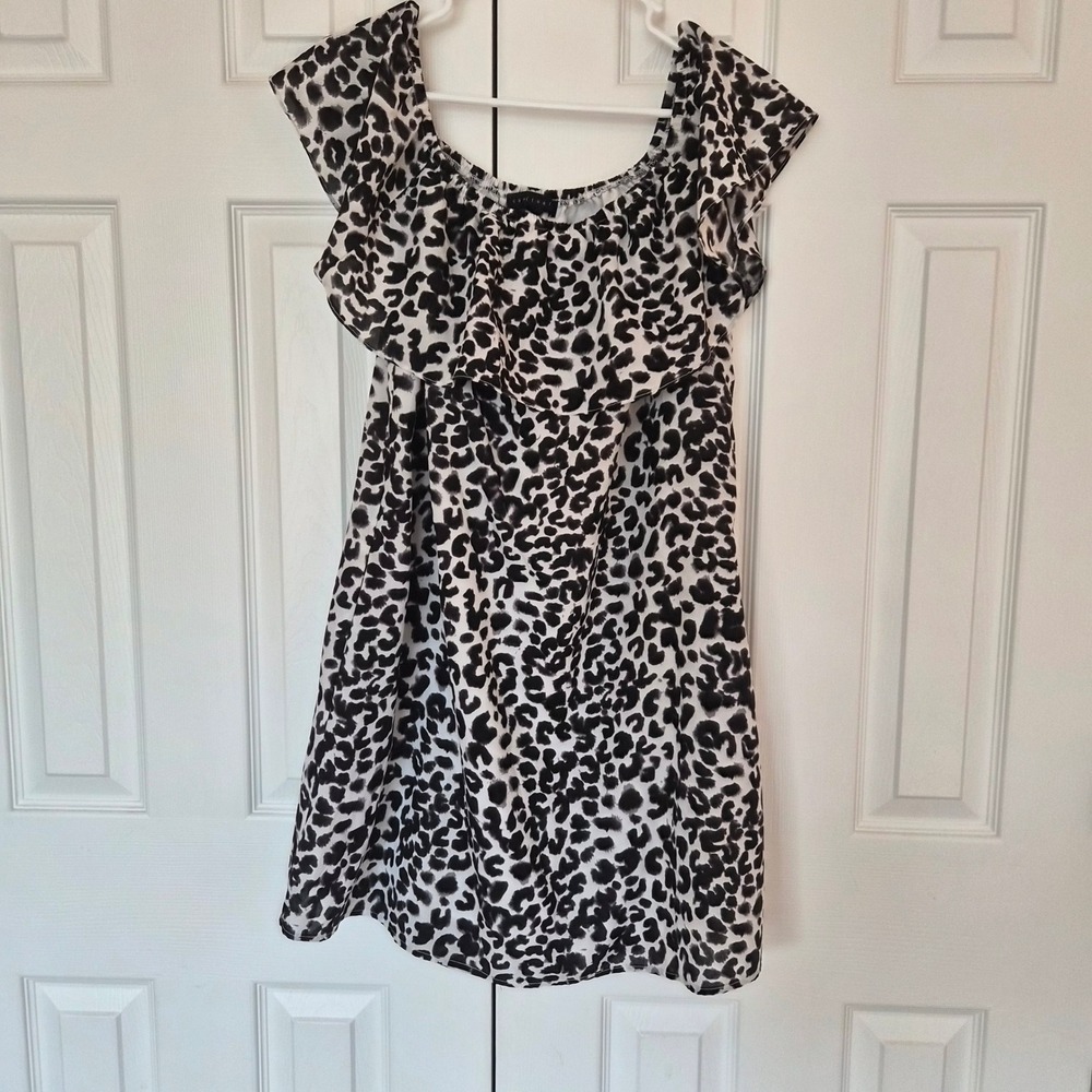 Sanctuary Leopard Print Off Shoulder Ruffle‎ Mini Dress Pockets White BLK L Boho